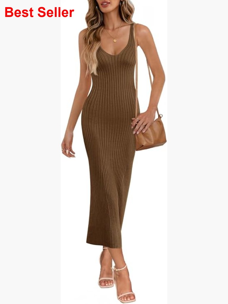 Deep V Neck Sleeveless Knit Midi Dress Bodycon Sweater Dress